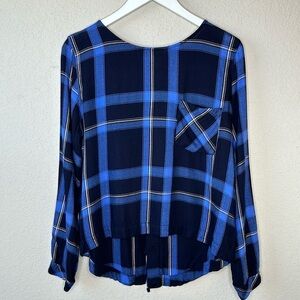 Anthropologie Cloth & Stone Blue Plaid Lace Up Back Flannel Shirt Size Medium